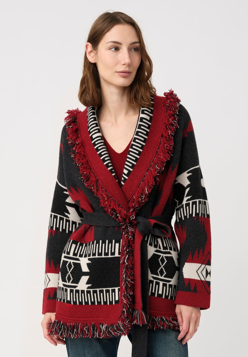 Alanui Cashmere Double Jacquard Knit Icon Cardigan in Red & Black Geometry	
