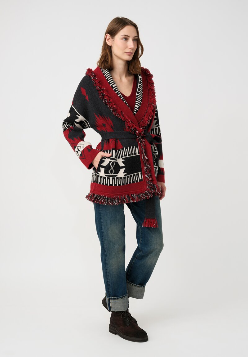 Alanui Cashmere Double Jacquard Knit Icon Cardigan in Red & Black Geometry	