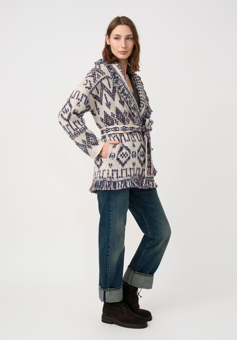 Alanui Jacquard Knit Grunge Beat Cardigan in Blue & White Geometry	