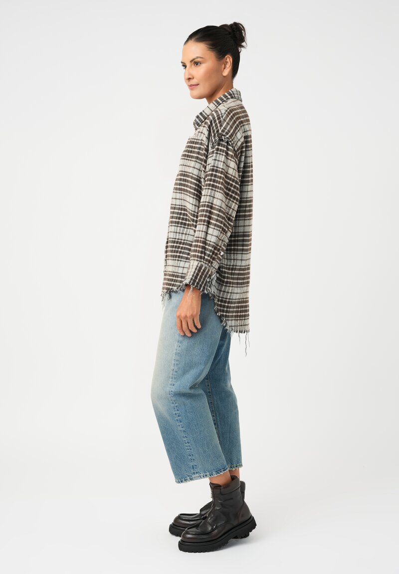 R13 Cotton Flannel Plaid Shredded Hem Button Down Shirt