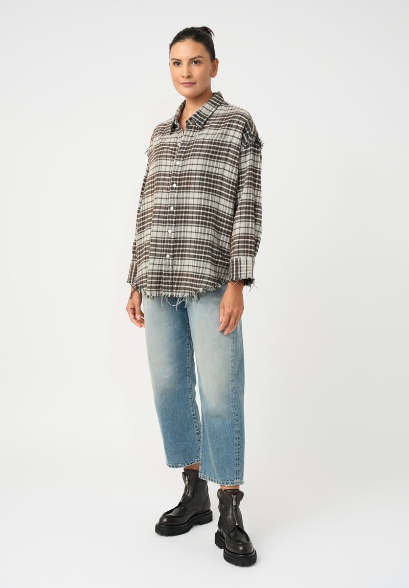 R13 Cotton Flannel Plaid Shredded Hem Button Down Shirt