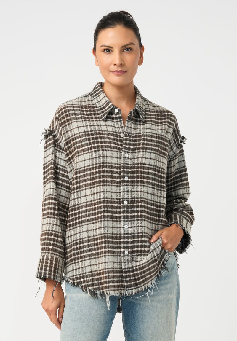 R13 Cotton Flannel Plaid Shredded Hem Button Down Shirt