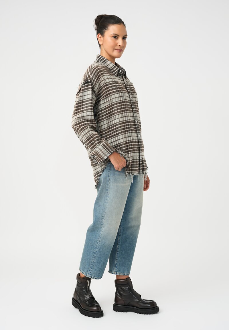 R13 Cotton Flannel Plaid Shredded Hem Button Down Shirt