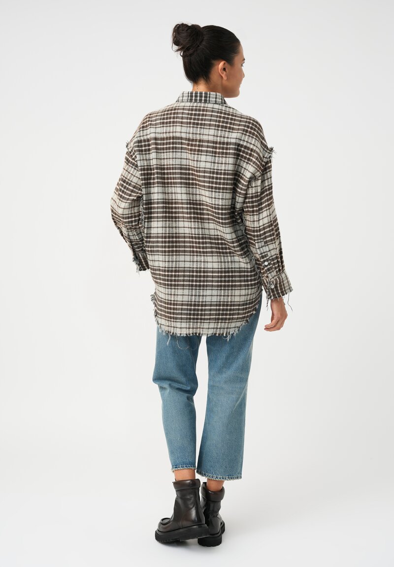 R13 Cotton Flannel Plaid Shredded Hem Button Down Shirt