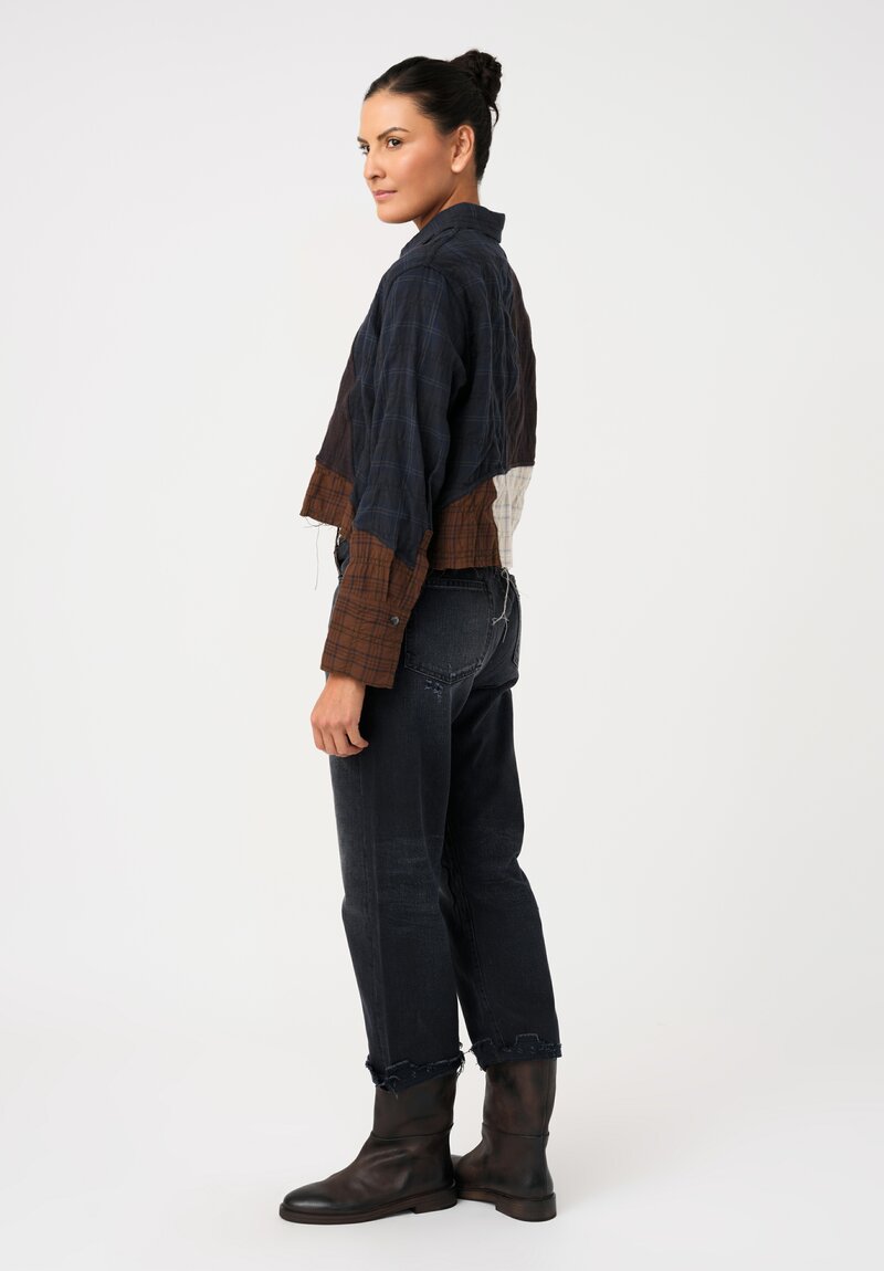 Song For The Mute Cotton Cut & Sew Shirt in Brown, Cream & Blue Plaid Medley