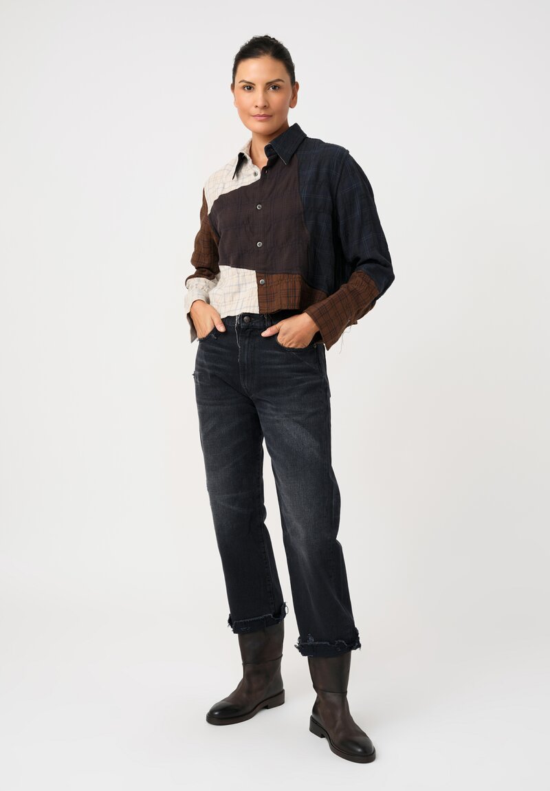 Song For The Mute Cotton Cut & Sew Shirt in Brown, Cream & Blue Plaid Medley