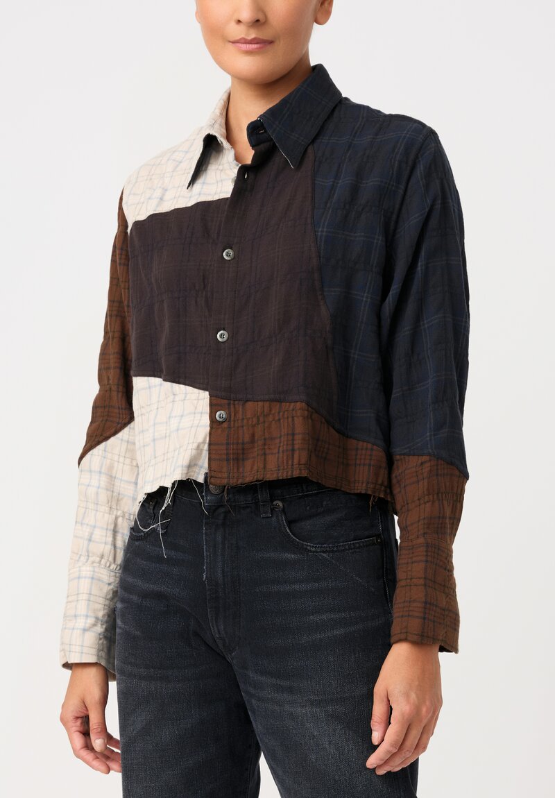 Song For The Mute Cotton Cut & Sew Shirt in Brown, Cream & Blue Plaid Medley
