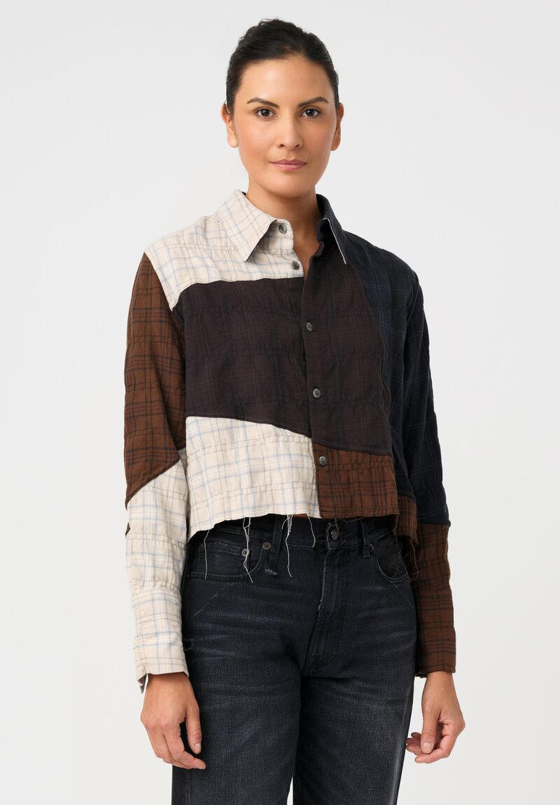 Song For The Mute Cotton Cut & Sew Shirt in Brown, Cream & Blue Plaid Medley