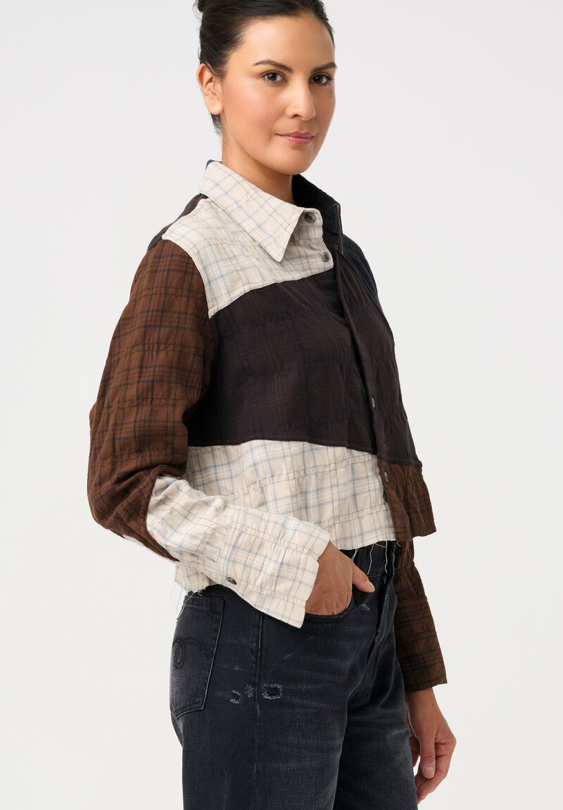 Song For The Mute Cotton Cut & Sew Shirt in Brown, Cream & Blue Plaid Medley
