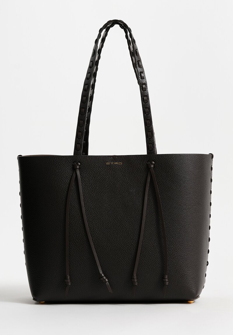 Etro Medium Pebble Leather Threaded Tote Bag in Chocolate Brown	
