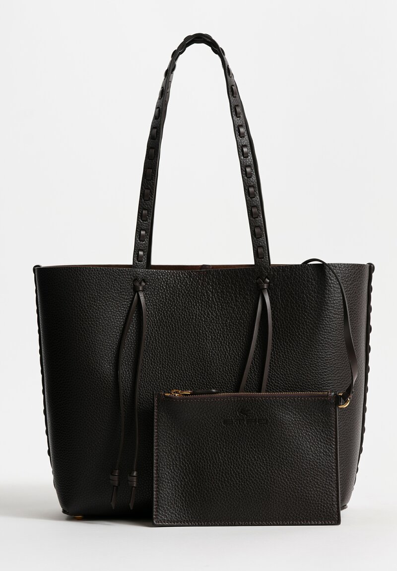Etro Medium Pebble Leather Threaded Tote Bag in Chocolate Brown	
