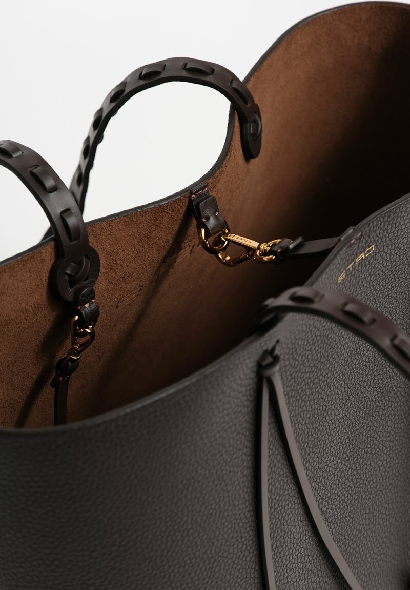 Etro Medium Pebble Leather Threaded Tote Bag in Chocolate Brown	