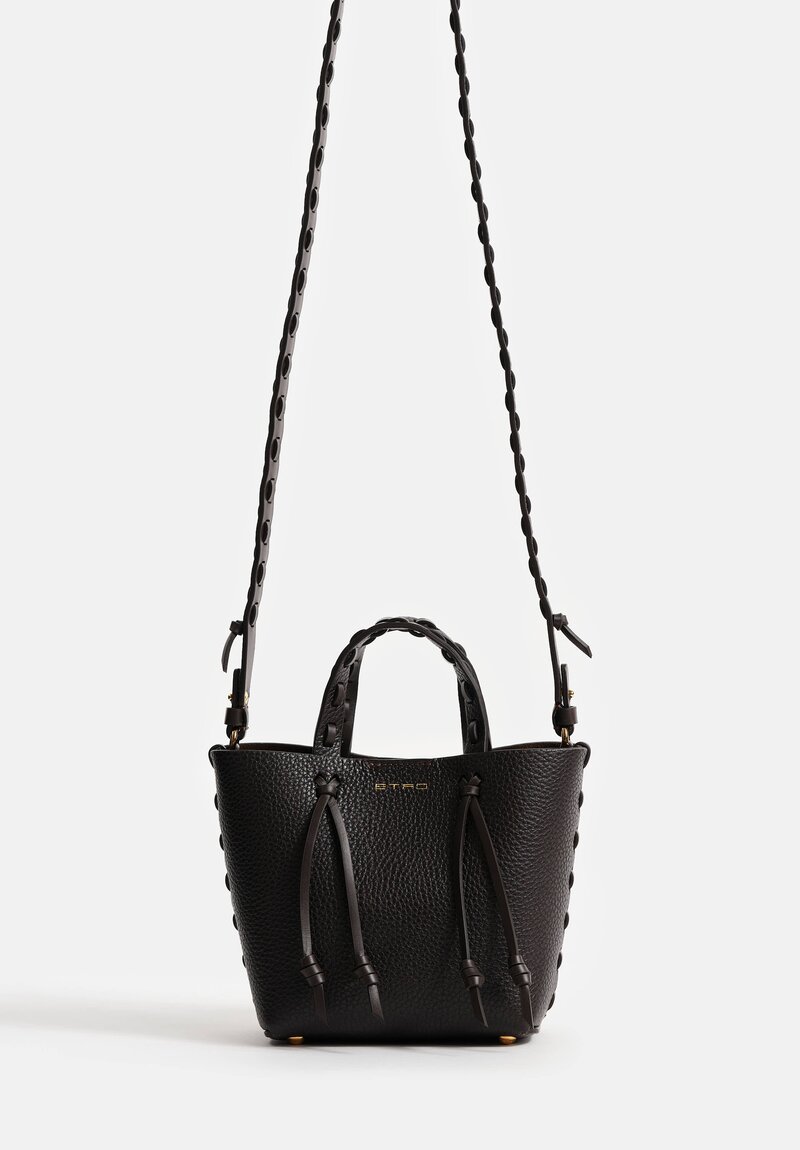 Etro Mini Pebble Leather Threaded Convertible Tote Bag in Chocolate Brown