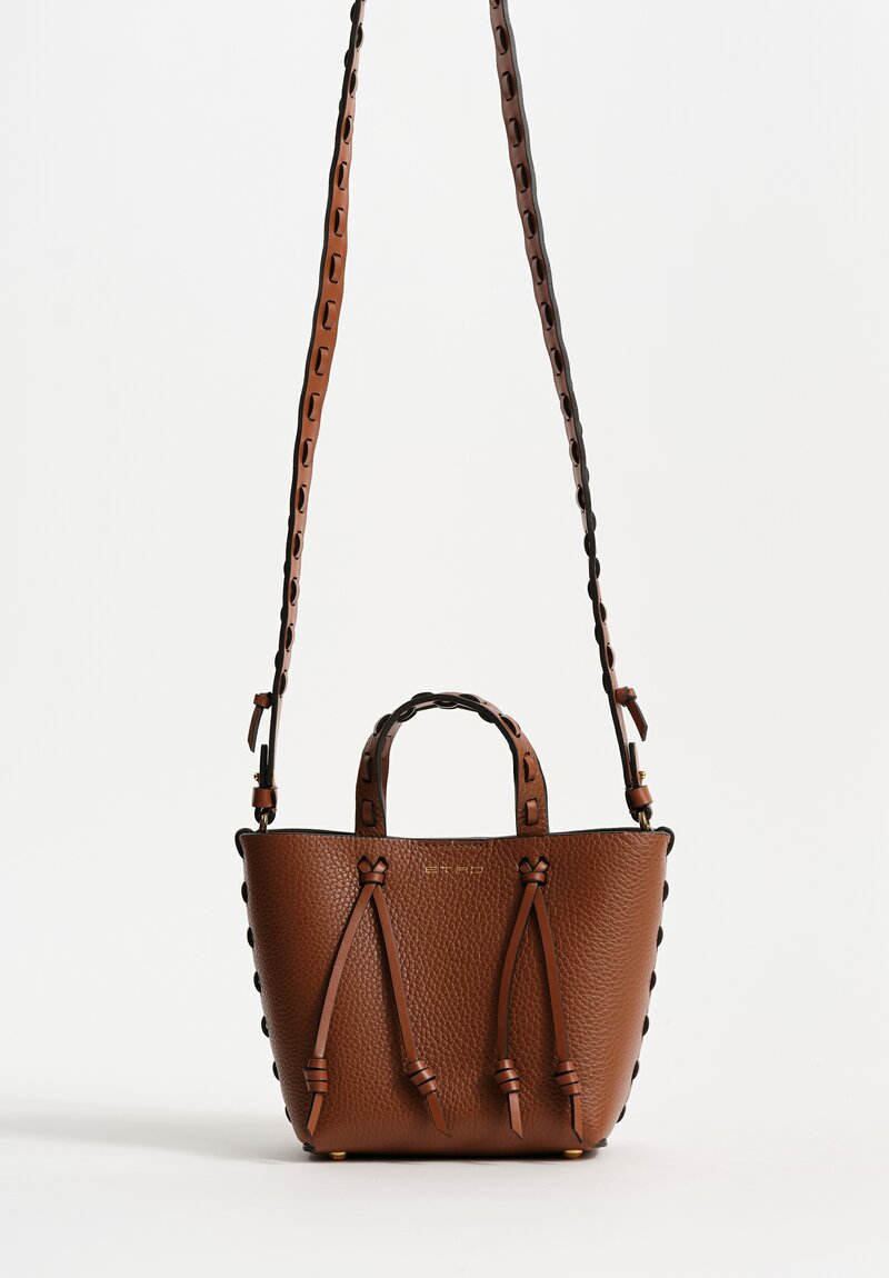 Etro Mini Pebble Leather Threaded Convertible Tote Bag in Tawny Brown