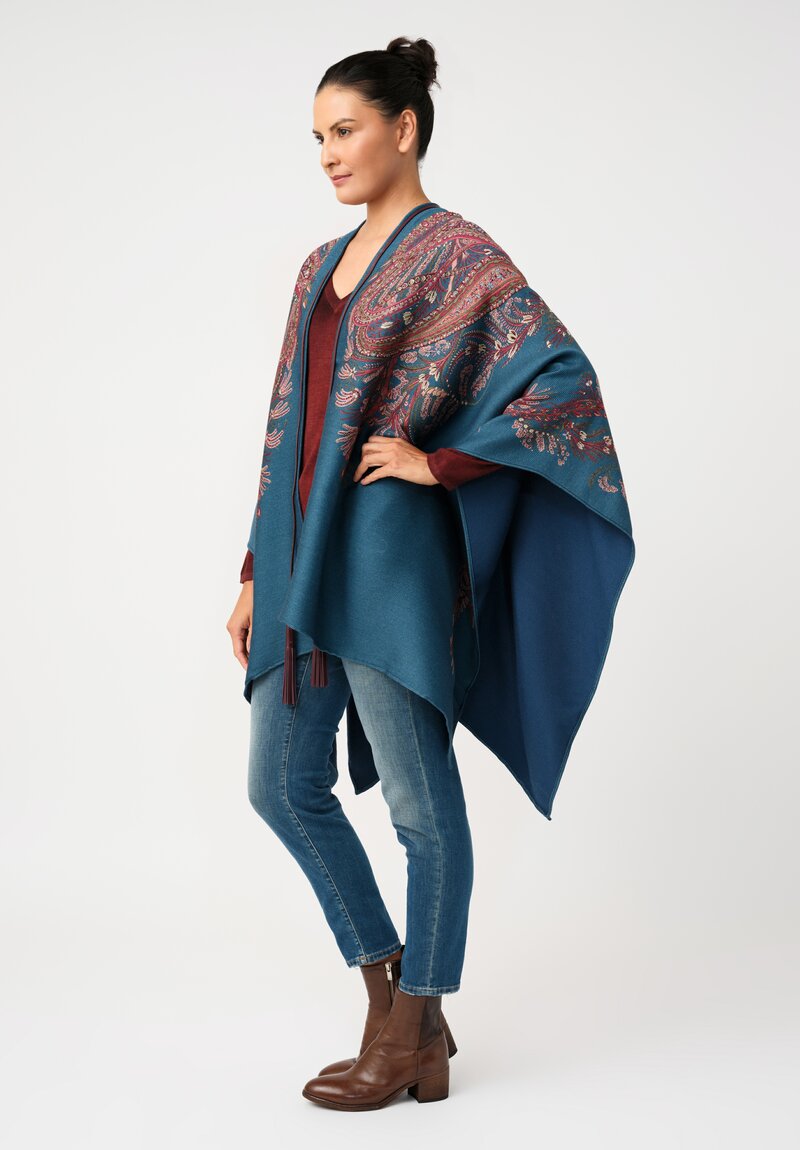 Etro Leather Tassel Cape in Crystal Teal Blue & Paisley