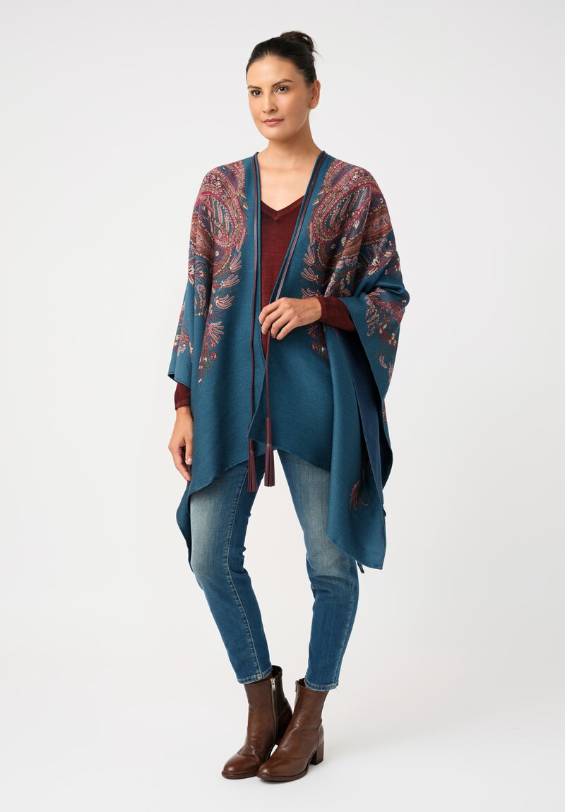 Etro Leather Tassel Cape in Crystal Teal Blue & Paisley