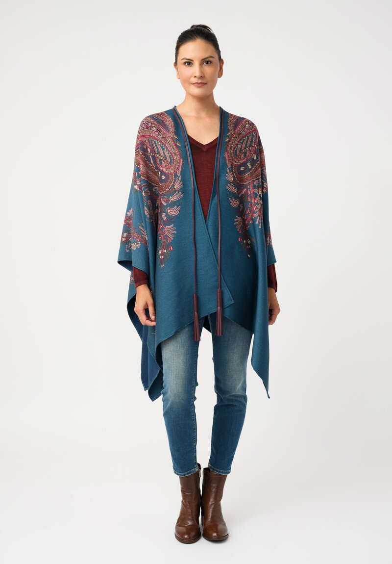 Etro Leather Tassel Cape in Crystal Teal Blue & Paisley