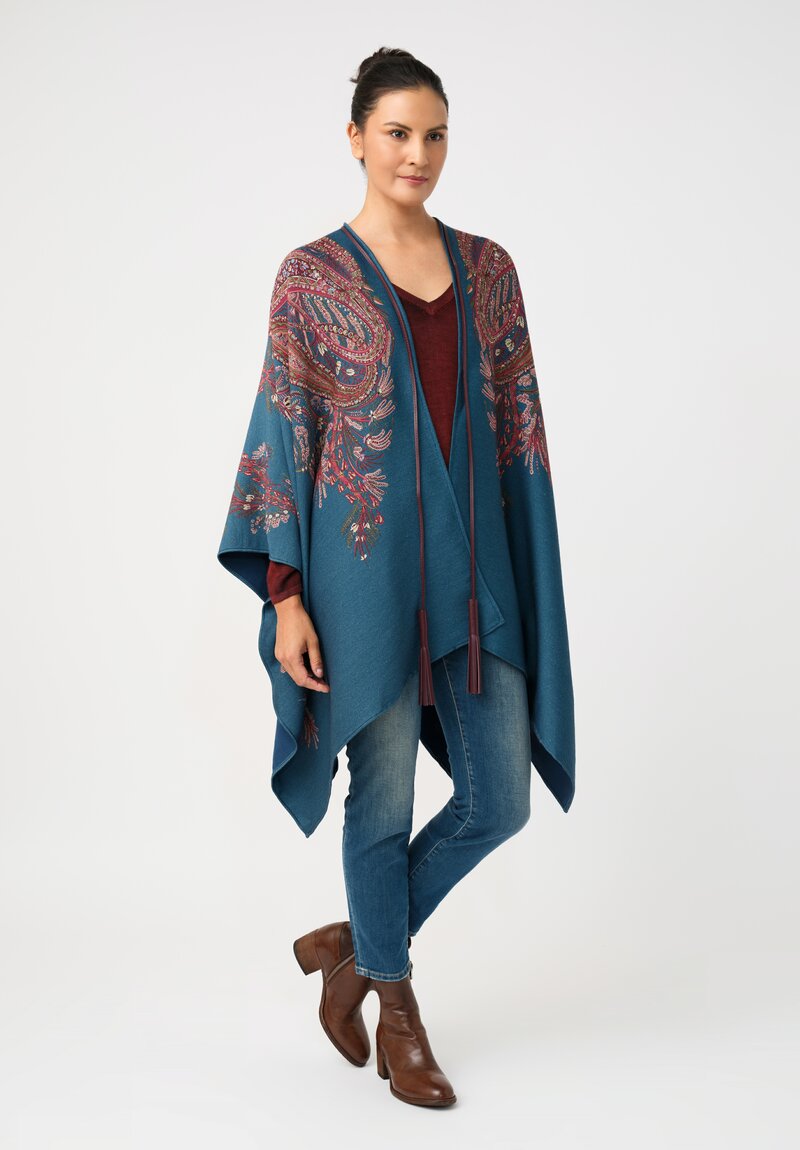 Etro Leather Tassel Cape in Crystal Teal Blue & Paisley