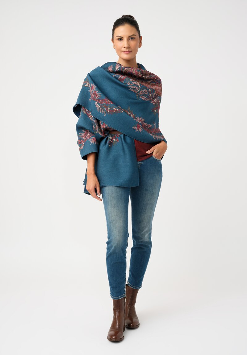 Etro Leather Tassel Cape in Crystal Teal Blue & Paisley