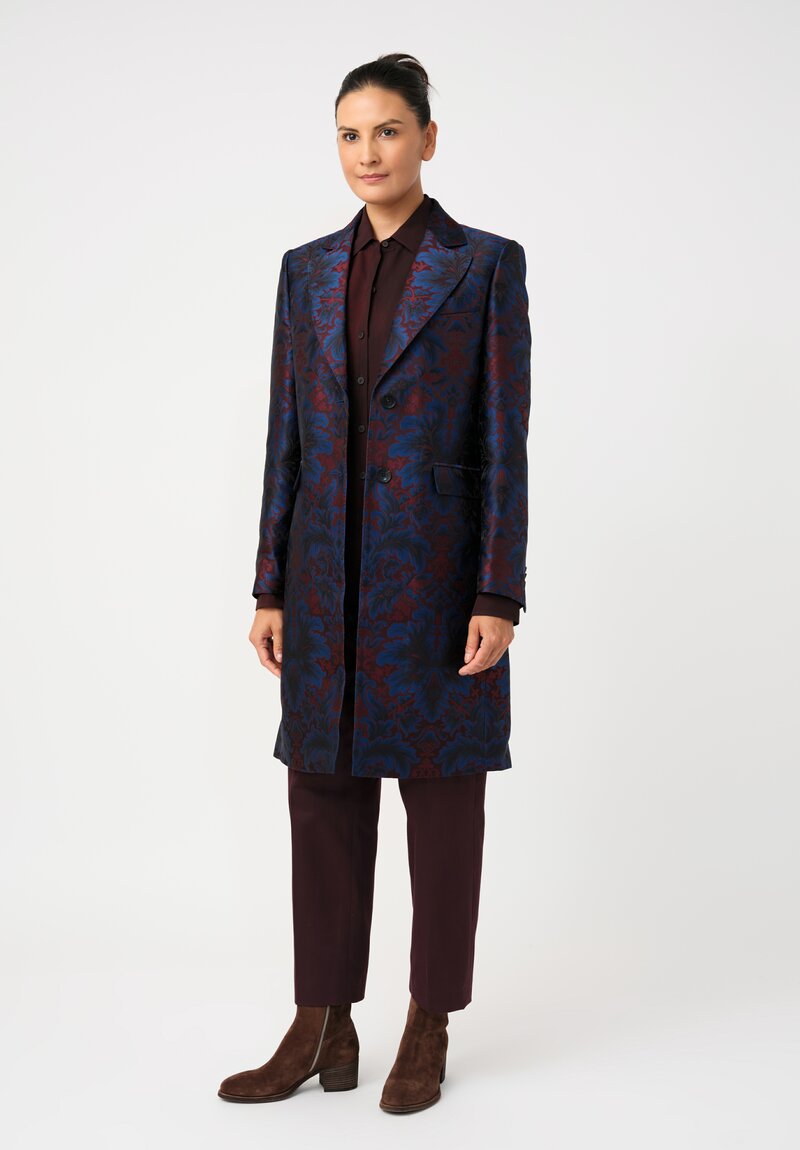 Etro Brocade Coat in Maroon Red & Royal Blue Botanics
