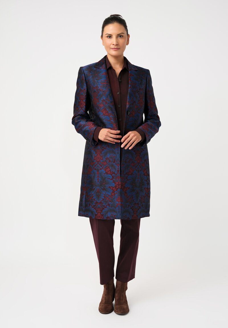 Etro Brocade Coat in Maroon Red & Royal Blue Botanics