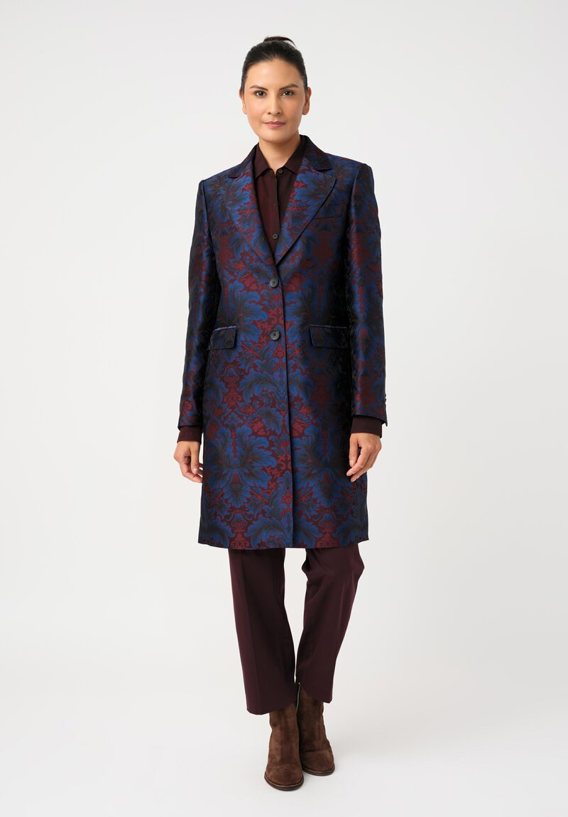 Etro Brocade Coat in Maroon Red & Royal Blue Botanics