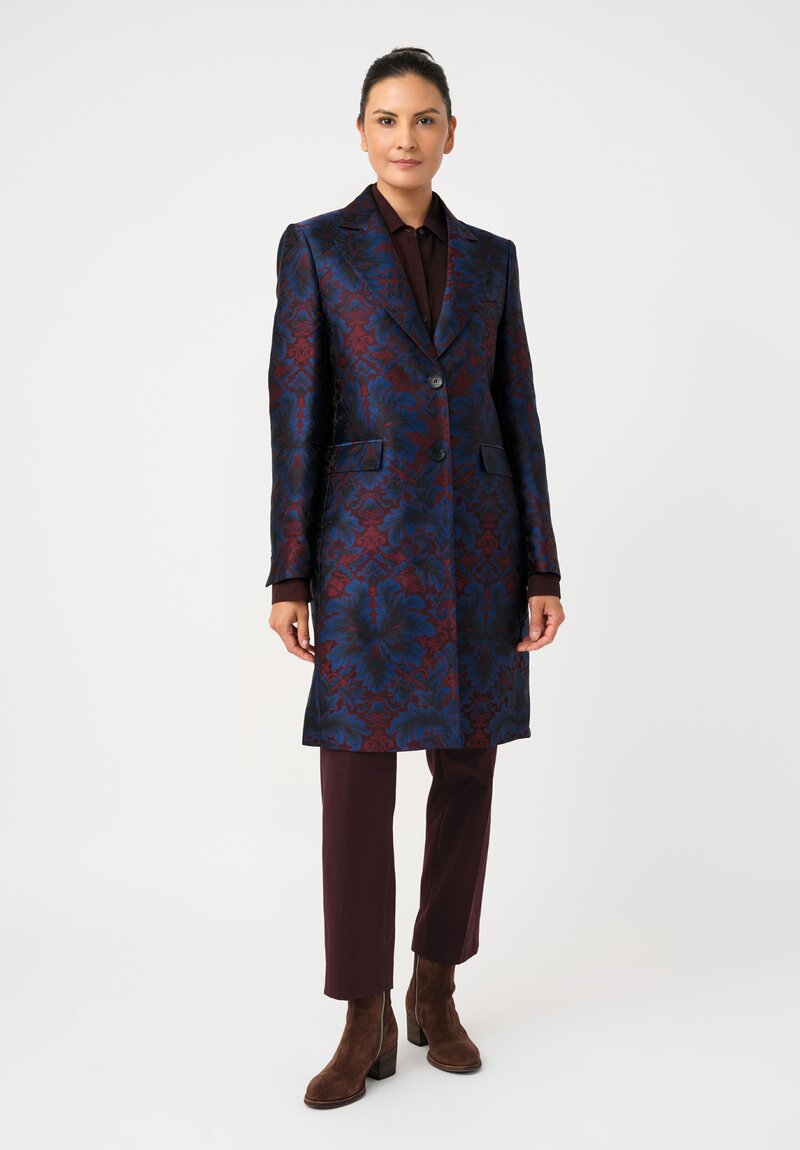 Etro Brocade Coat in Maroon Red & Royal Blue Botanics