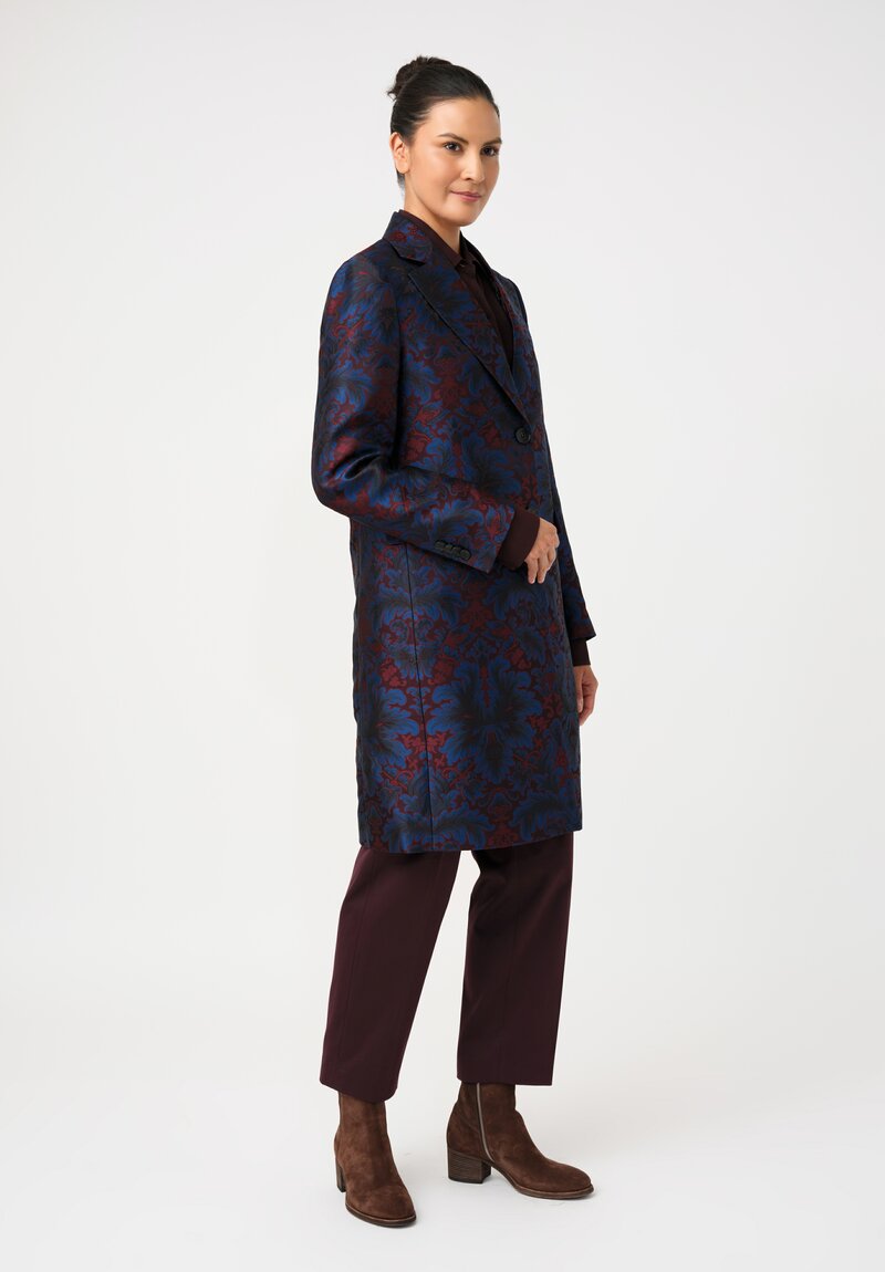 Etro Brocade Coat in Maroon Red & Royal Blue Botanics
