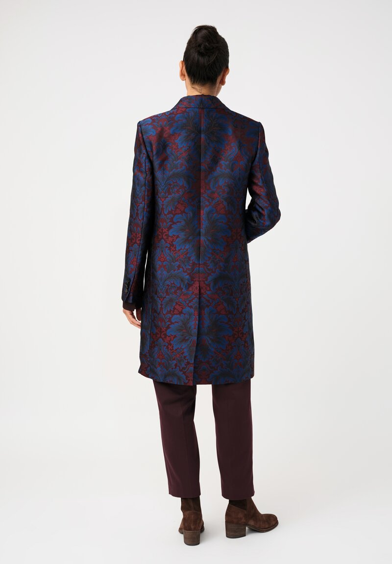 Etro Brocade Coat in Maroon Red & Royal Blue Botanics