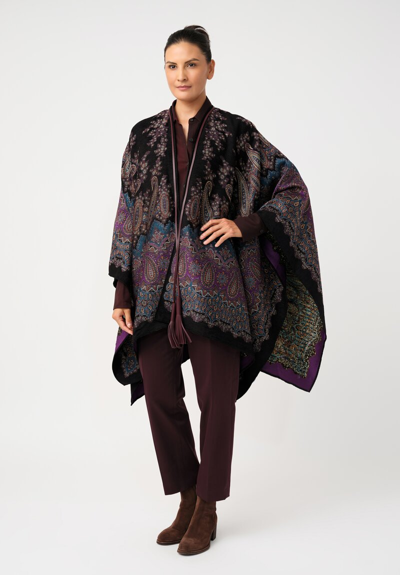 Etro Leather Tassel Cape in Midnight Dream Black & Paisley