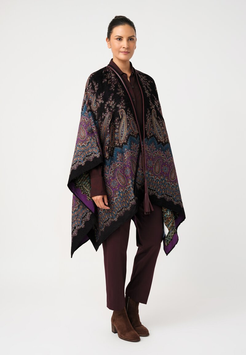 Etro Leather Tassel Cape in Midnight Dream Black & Paisley