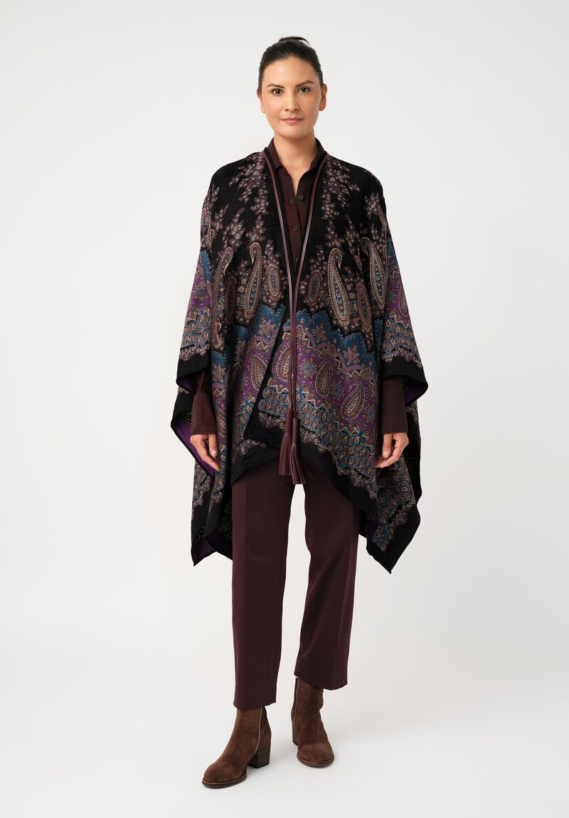 Etro Leather Tassel Cape in Midnight Dream Black & Paisley