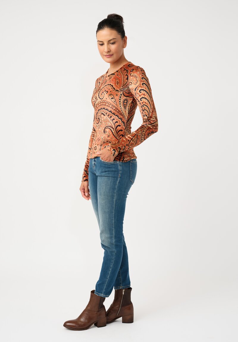 Etro Velvet Pullover Top in Orange & Black Paisley
