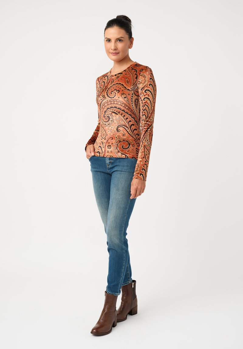 Etro Velvet Pullover Top in Orange & Black Paisley