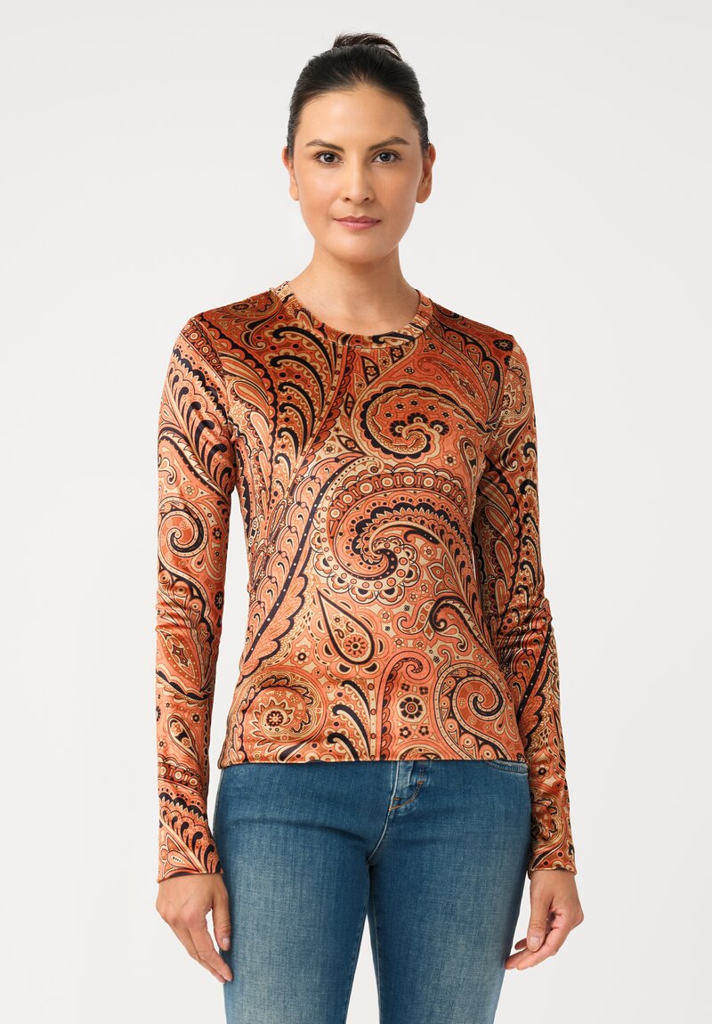 Etro Velvet Pullover Top in Orange & Black Paisley