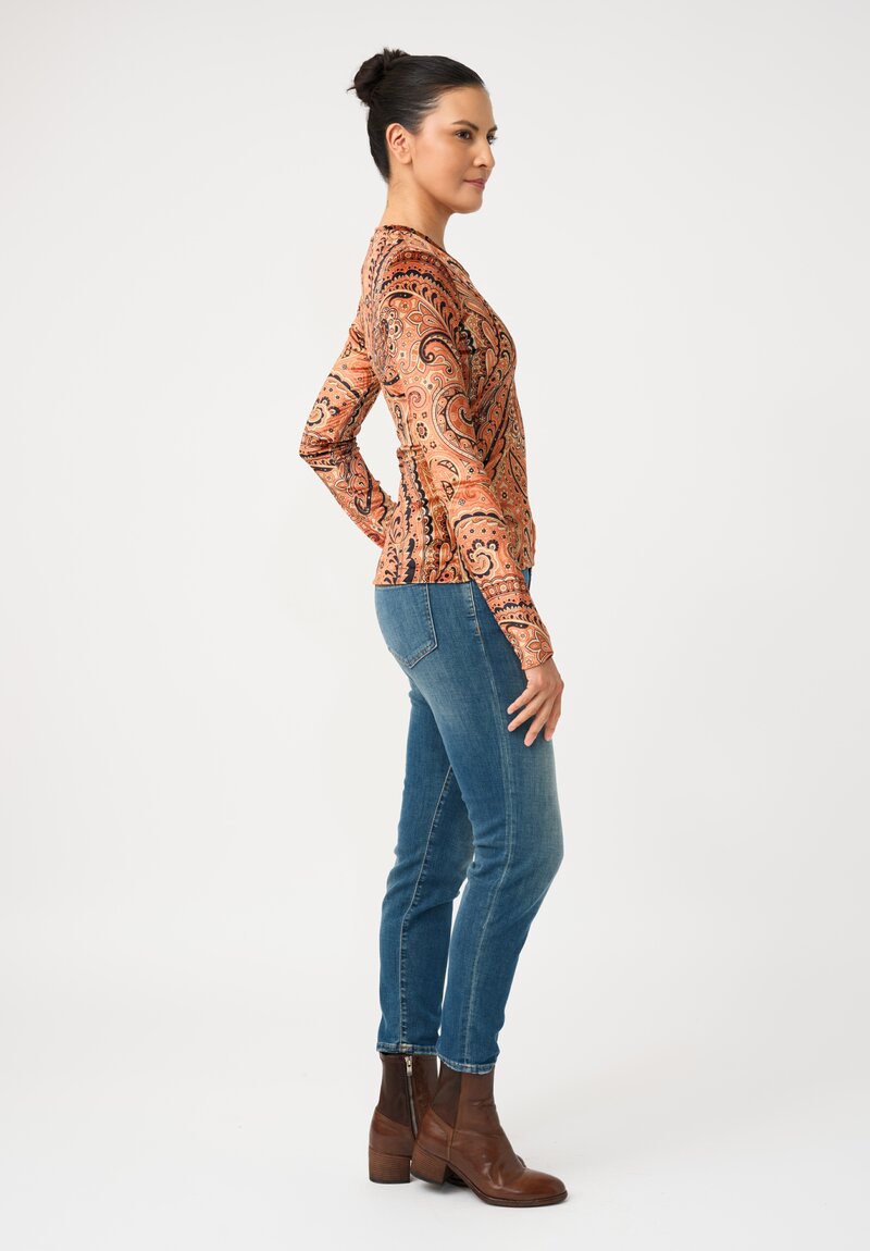 Etro Velvet Pullover Top in Orange & Black Paisley