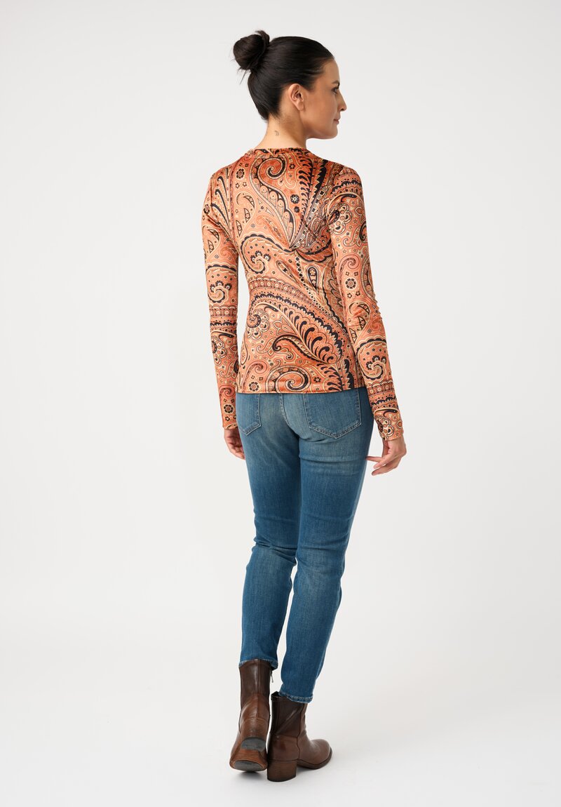 Etro Velvet Pullover Top in Orange & Black Paisley