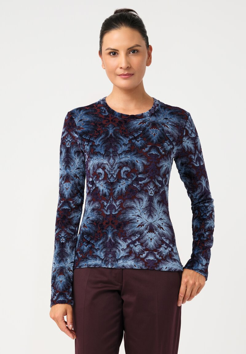 Etro Velvet Jacquard Pullover Top in Maroon Red & Royal Blue Botanics