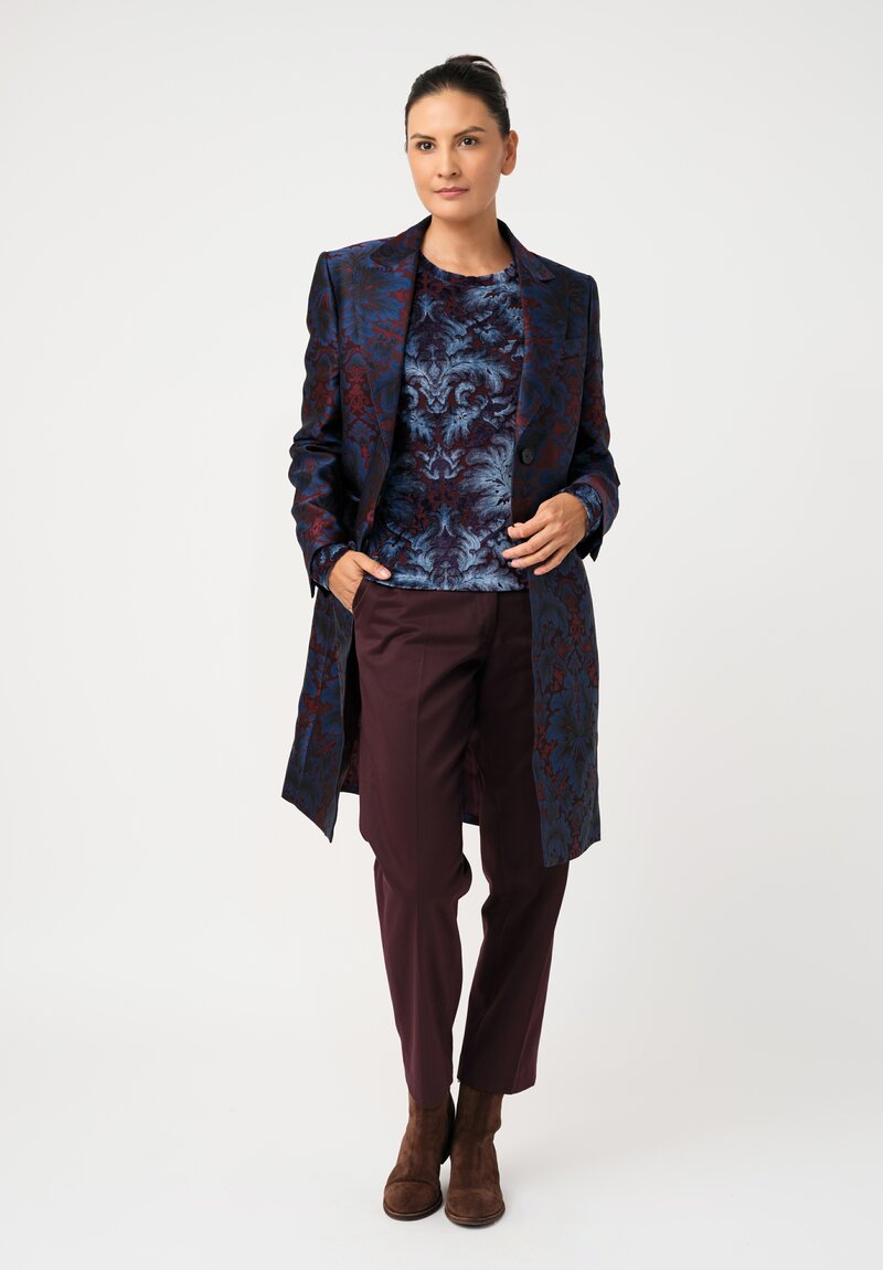 Etro Velvet Jacquard Pullover Top in Maroon Red & Royal Blue Botanics