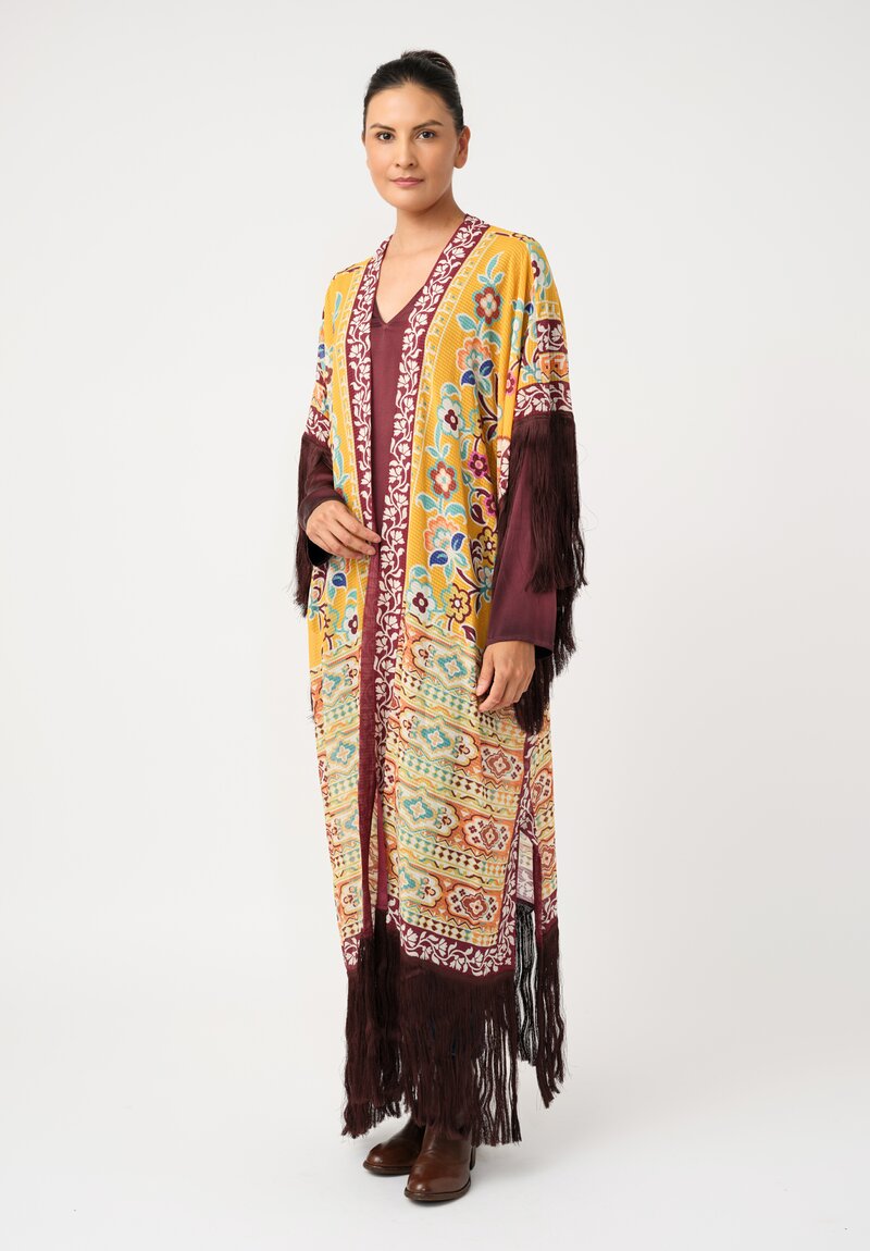 Etro Floral Macramé Fringed Duster in Yellow & Maroon Red Botanics