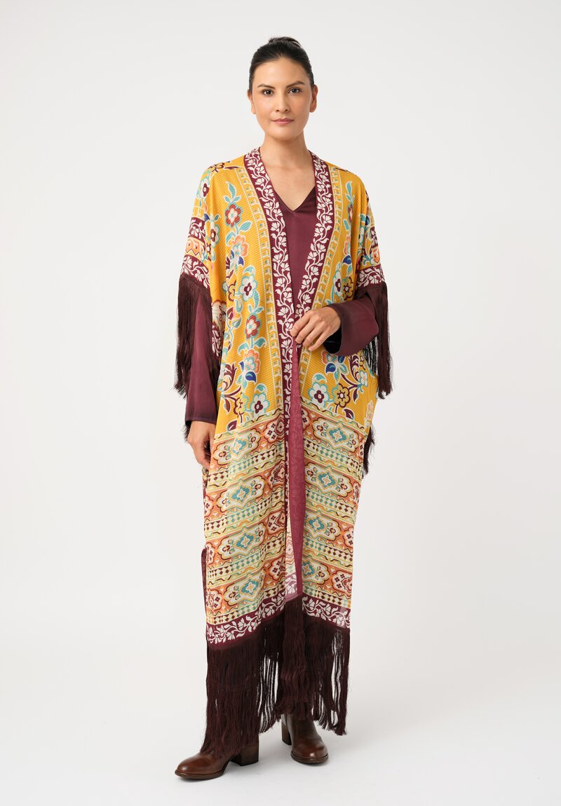 Etro Floral Macramé Fringed Duster in Yellow & Maroon Red Botanics