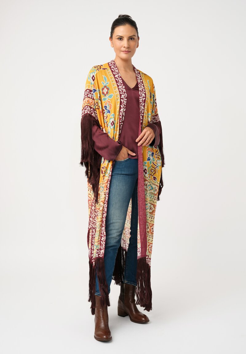 Etro Floral Macramé Fringed Duster in Yellow & Maroon Red Botanics