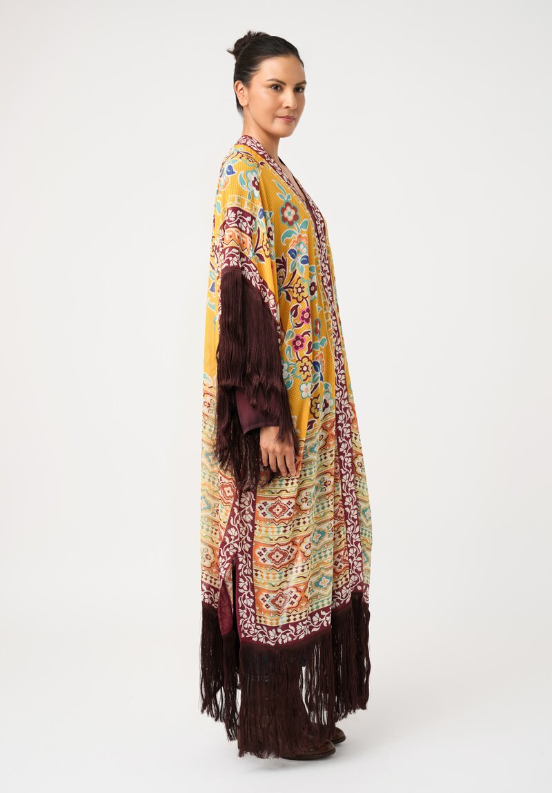 Etro Floral Macramé Fringed Duster in Yellow & Maroon Red Botanics
