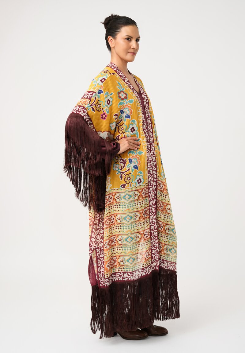 Etro Floral Macramé Fringed Duster in Yellow & Maroon Red Botanics