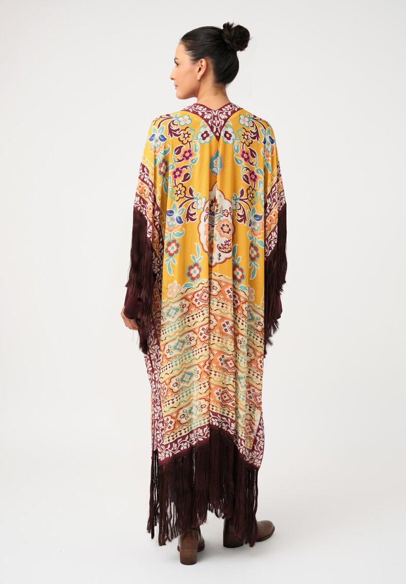 Etro Floral Macramé Fringed Duster in Yellow & Maroon Red Botanics