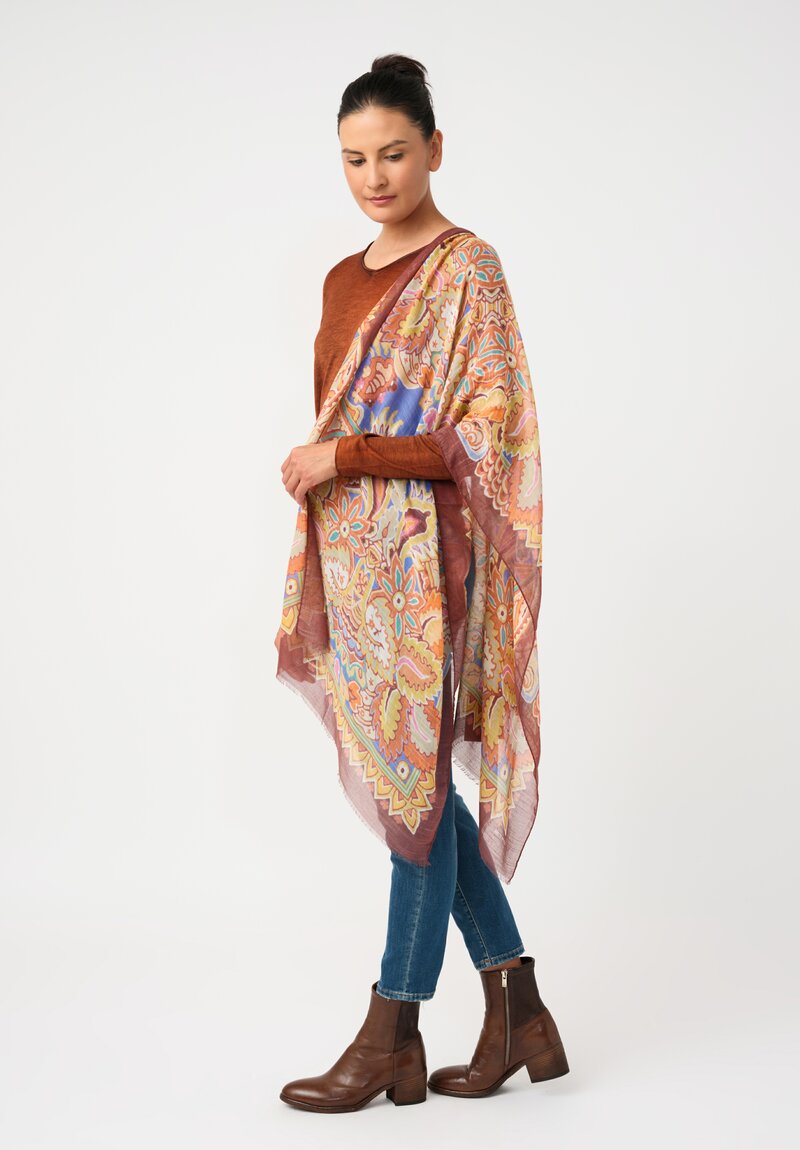 Etro Cotton & Silk Sheer Scarf in Orange & Cobalt Blue Botanical Geometry