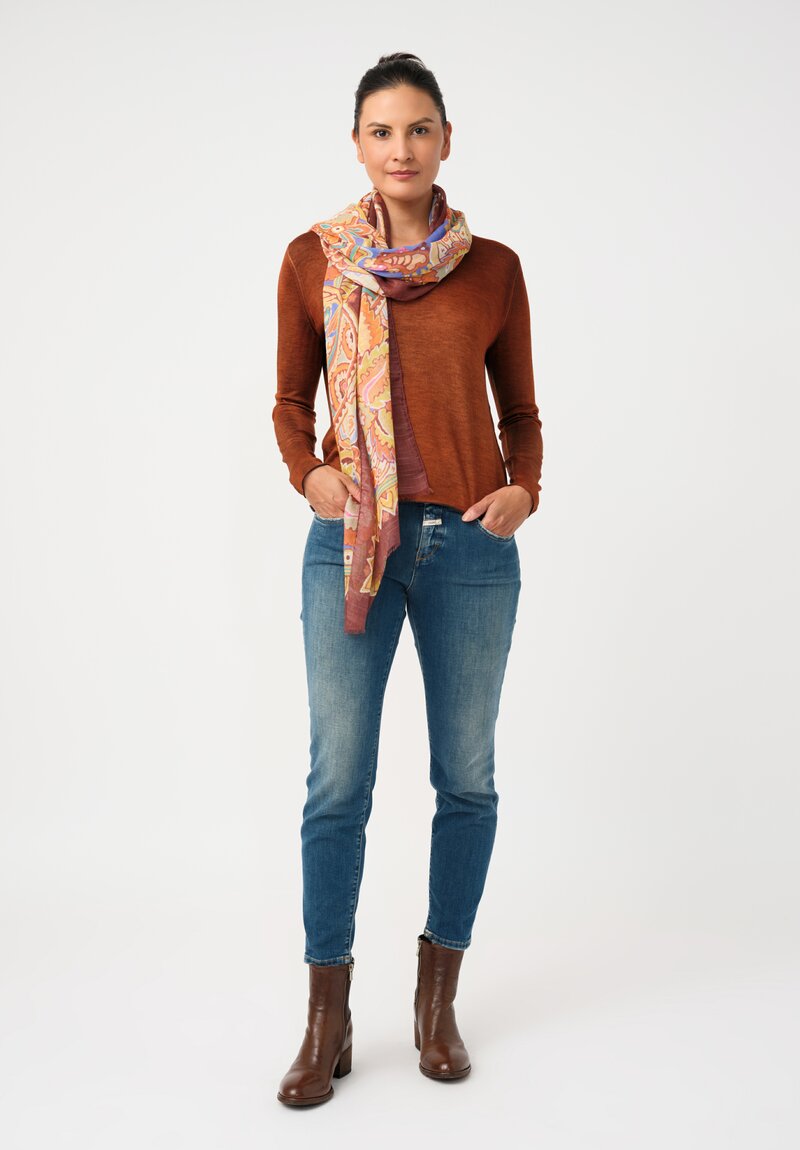 Etro Cotton & Silk Sheer Scarf in Orange & Cobalt Blue Botanical Geometry