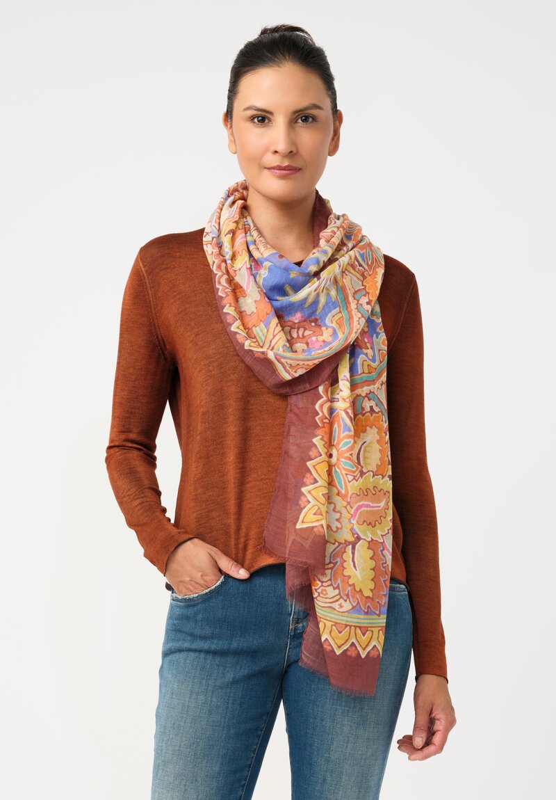 Etro Cotton & Silk Sheer Scarf in Orange & Cobalt Blue Botanical Geometry