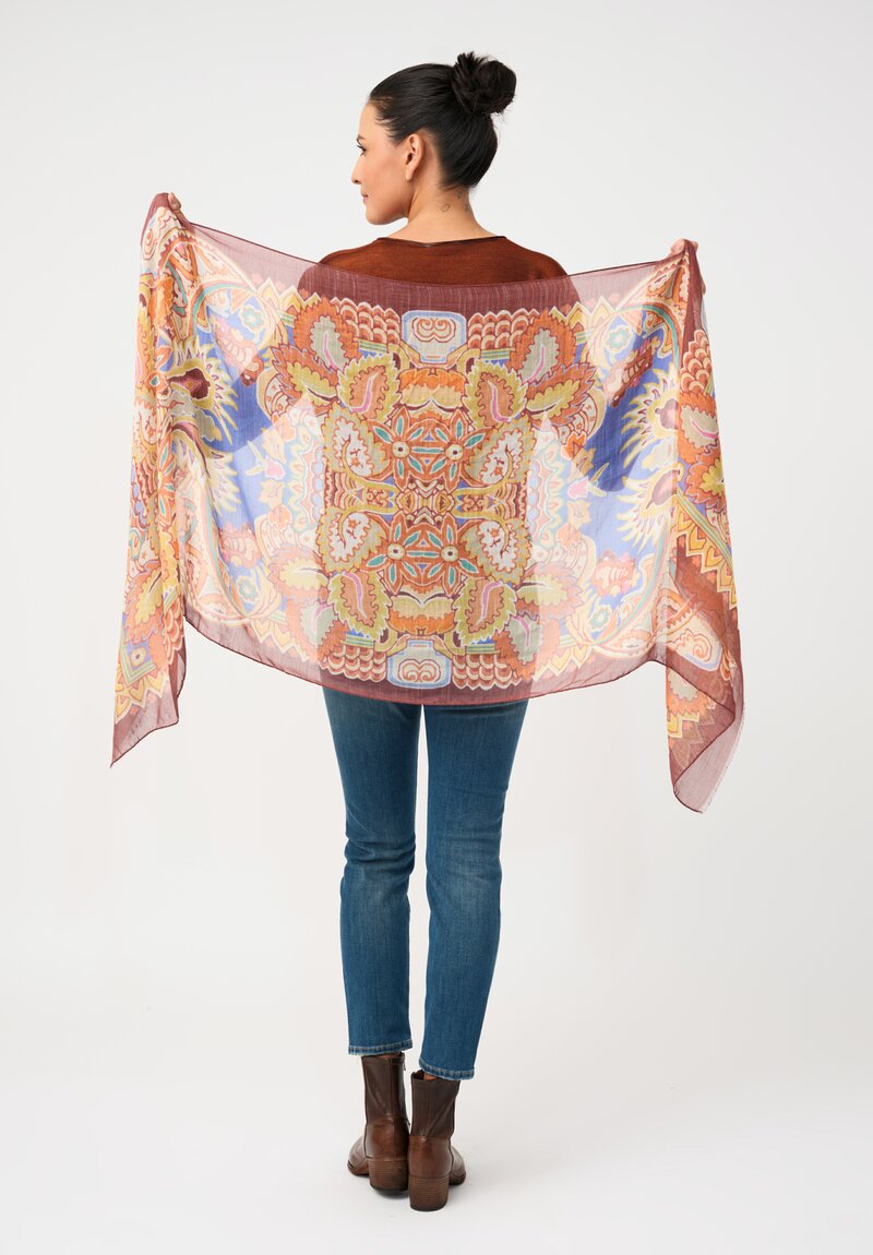 Etro Cotton & Silk Sheer Scarf in Orange & Cobalt Blue Botanical Geometry