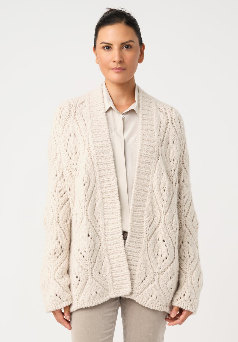 Wommelsdorff Cashmere & Silk Hand-Knit Dolce Belted Cardigan in Ivory White
